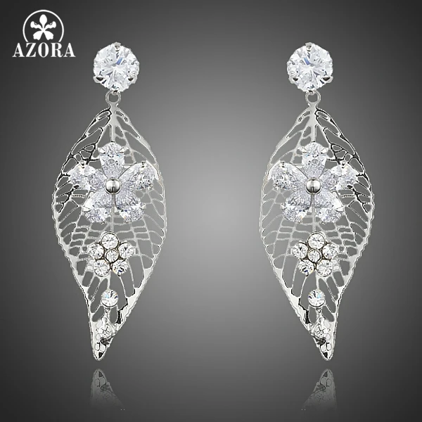 AZORA Attractive Leaf Design Clear Top grade Cubic Zirconia Flower Water Drop Earrings for Women TE0201 AZORA Attractive Leaf Design Clear Top grade Cubic Zirconia Flower Water Drop Earrings for Women TE0201