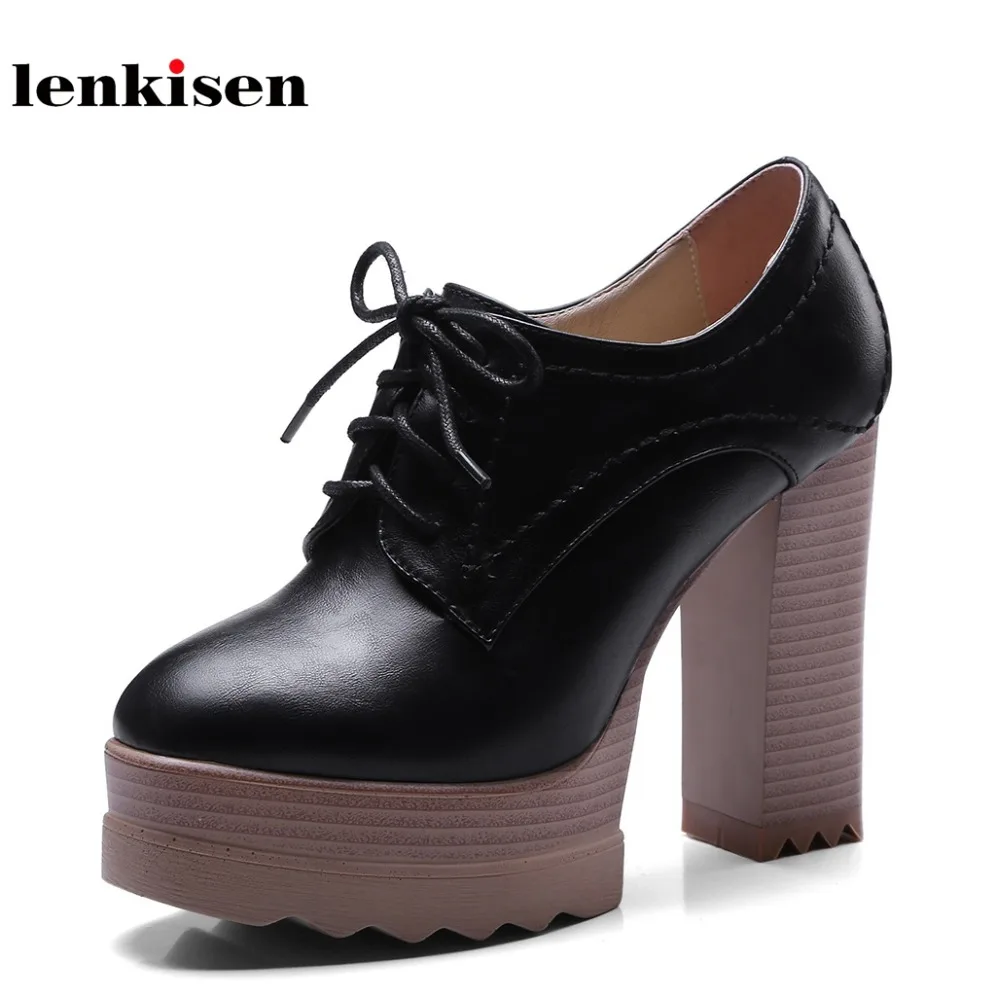 

Lenkisen new microfiber square toe super high heels summer shoes lace up 4 colors concise leisure novelty style women pumps L9f5