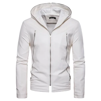 

2018 zipper decoration casual leather clothing New sale Fashion Men solid color Hooded leather jackets EU/US large size M-XXL