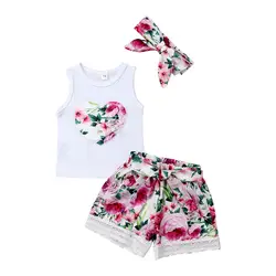 Летняя одежда для маленьких девочек; Топ без рукавов с цветочным принтом; штаны; повязка на голову; комплект повседневной одежды