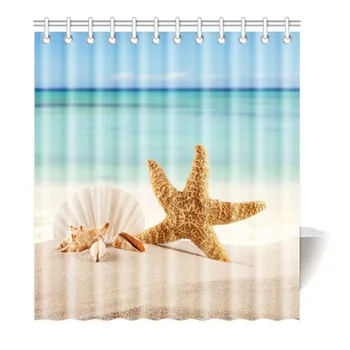 

Multi-color optional Shower Curtain Beautiful Funny Starfish Shells Beach Painting Polyester Fabric Blue Bathroom Set