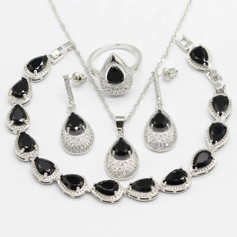 

925 Silver Jewelry Sets For Women Pear Shape Black Semi-precious Necklace Pendant Bracelets Long Earrings Rings Christmas Gift