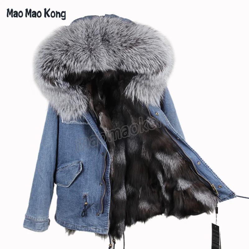 

2019 new fashion women's luxurious Large raccoon fur collar hooded coat parkas real fox fur liner denim winter jacket good quali