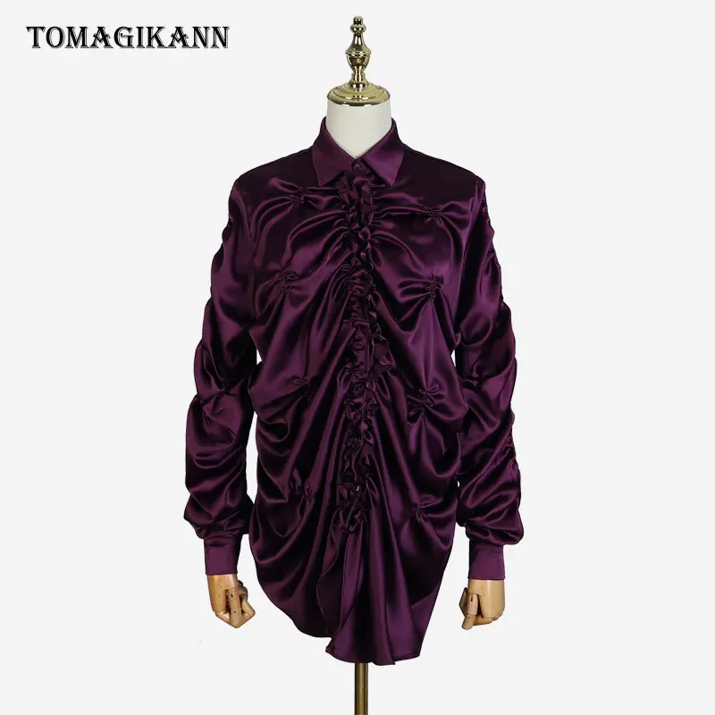 Одноцветное жатый ДРАПИРОВАННОЕ атласное Блузка Платье уличная рюшами отложной воротник пуговицы рубашка с длинными рукавами платья для женщин мини