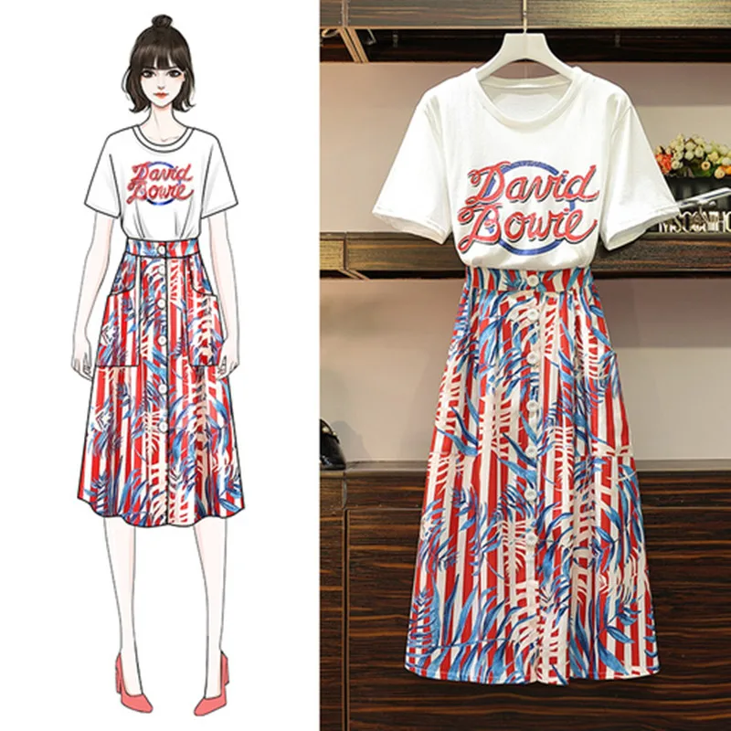 

XL-5XL 2019High Quality Summer Women Two Piece Sets Letter Print Cotton Tshirt Tops+Single-Breasted Striped Print Mid Skirt Sets