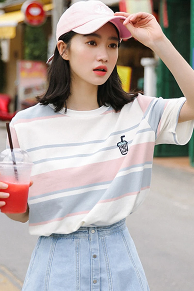 19 原宿オル夏ストライプのための Tシャツトップス 18 甘いストライプ女子高生トップス Tシャツ韓国ファッション服 T Shirts Aliexpress