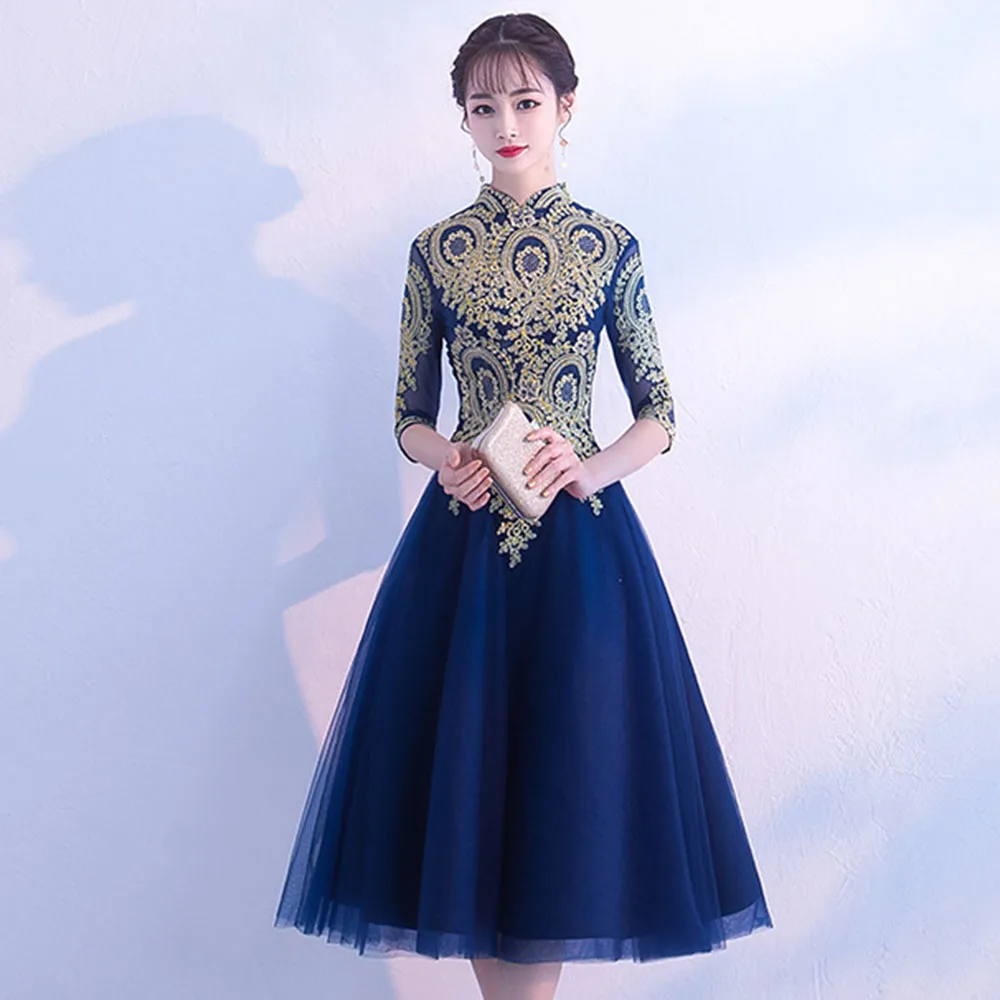 Винтажное темно-синее коктейльное платье с воротником-стойкой, китайское женское платье с цветочной вышивкой, вечернее платье