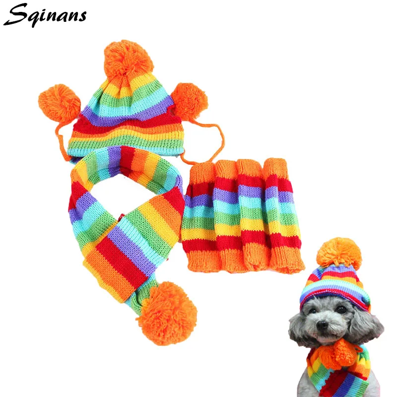 Sqinans 3pcs/set Winter Warm Dog Hat Knitted Scarf Socks Fashion Striped Pet Caps Puppy Neck Scarf Socks Christmas Pet Grooming