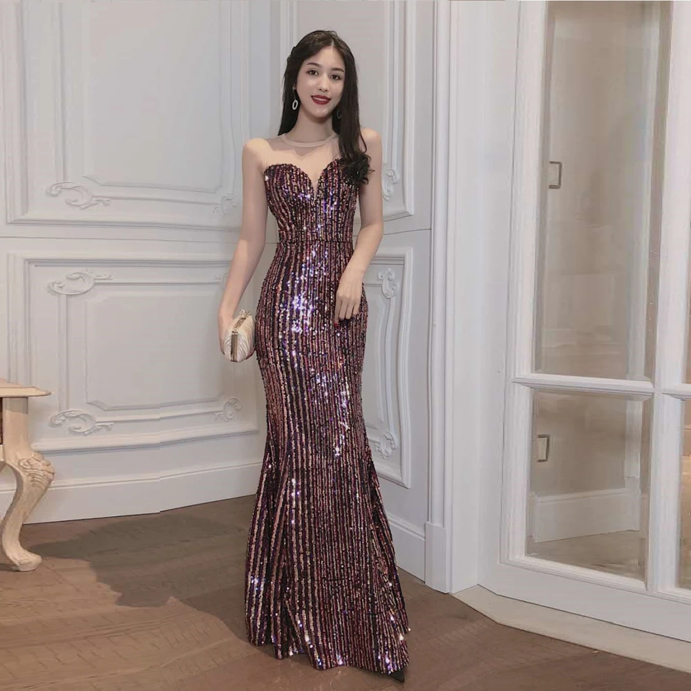 

2019 Women Brown Backless Sequin Dress Long Mermaid Mesh Sexy Celebrity Evning Party vestidos Sleeveless Wholesale Clubwear