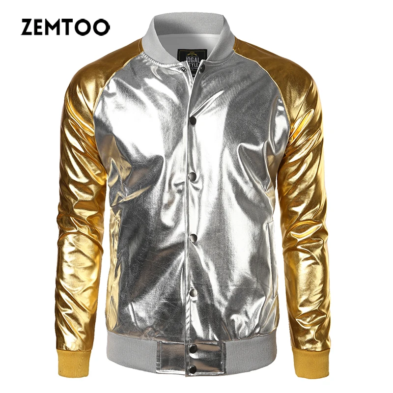 

zemtoo Mens Jacket Nightclub Metallic Gold And Sliver Shiny Jacket Fashion Men Spring And Autumn Warm Bomber Jacket Party Cloth