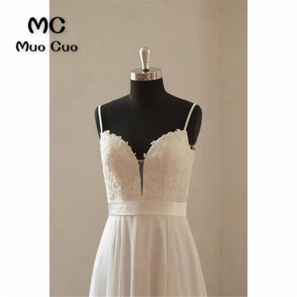 Vintage A-line Spaghetti Straps Long White Chiffon Wedding Dresses3