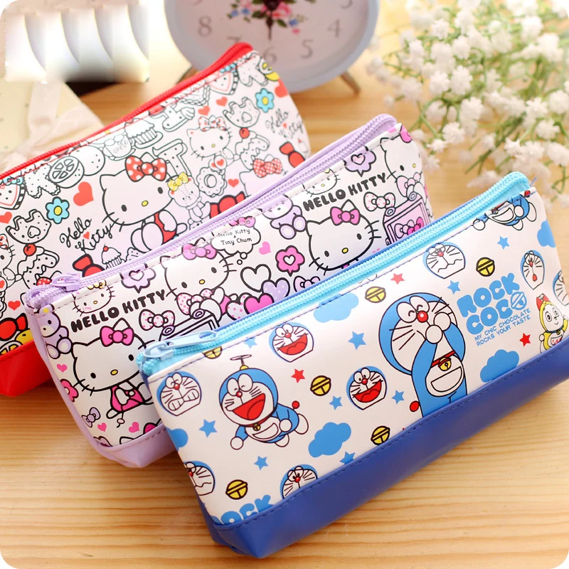 

Korean stationery Kawaii Hello kitty pencil case for girls Cute Doraemon PU leather pencil pouch pen bag office school supplies