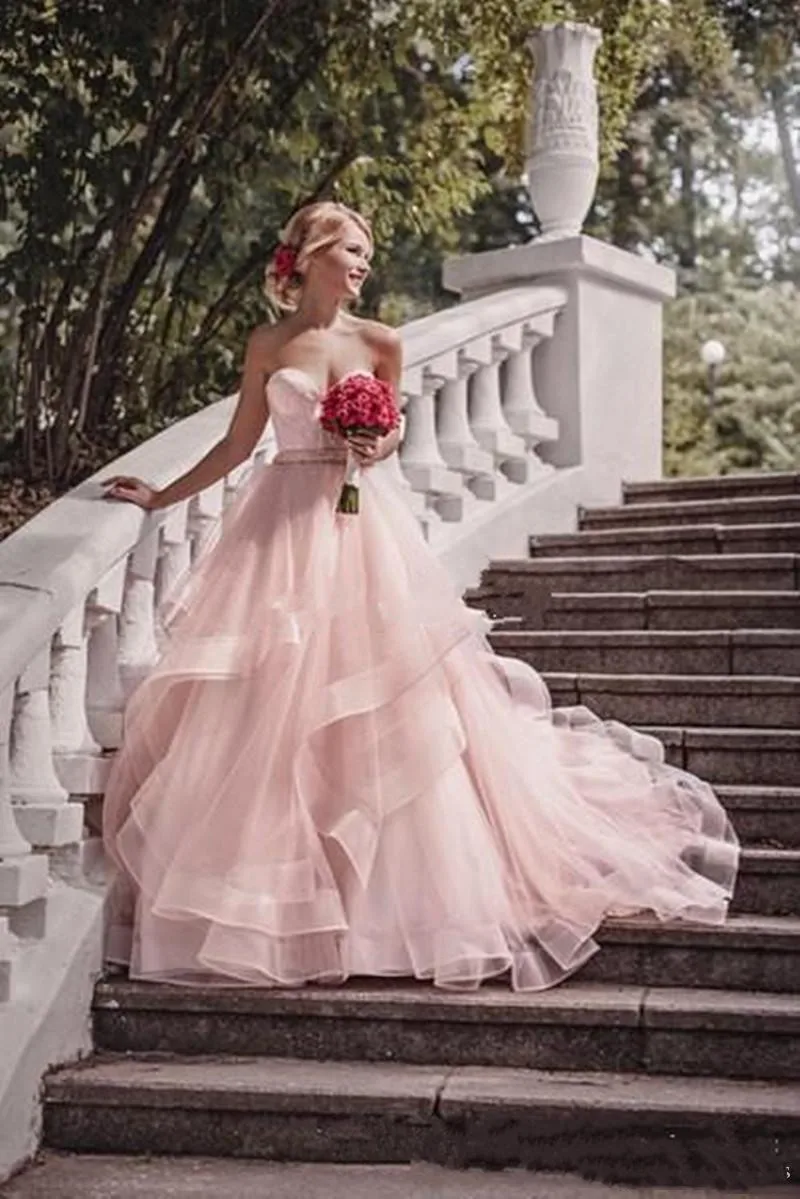 2019 Romantic Blush Ball Gown Wedding Dresses Ruffles Organza