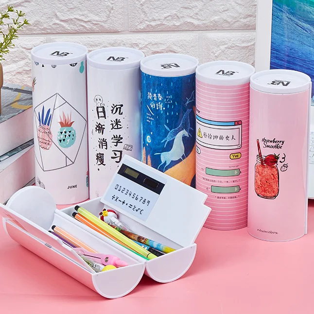 

2019 NEW Creative Whiteboard Pencil Case With Solar Calculator Magnetic Switch Kawai Cartoon Pen Box School Writing case etui