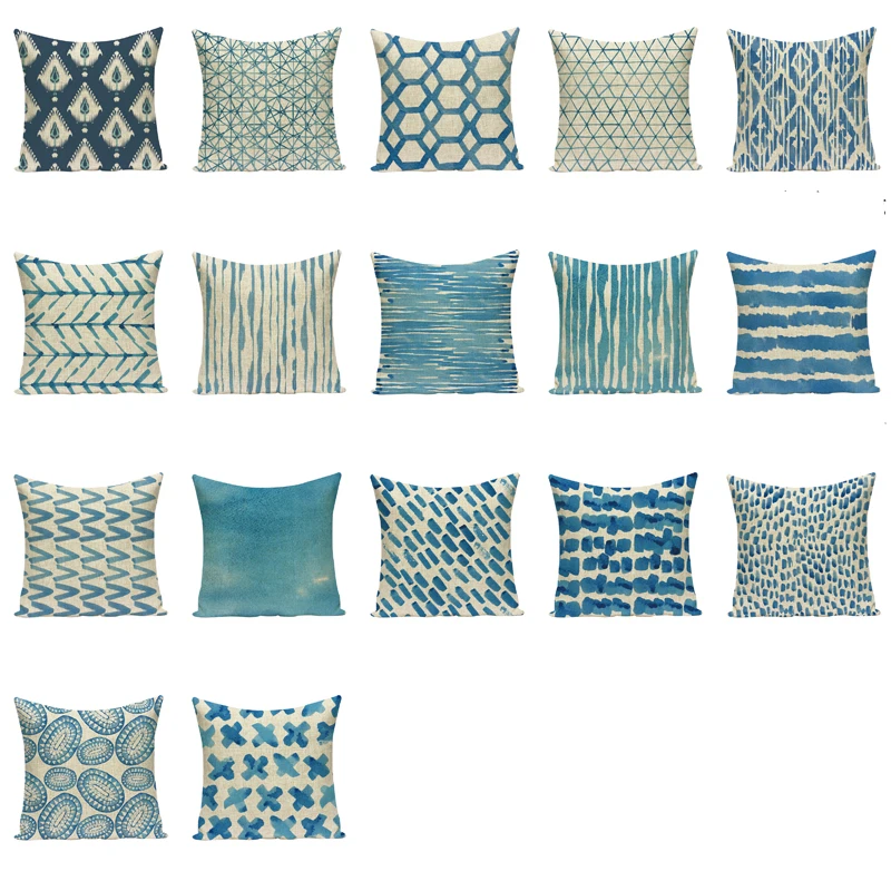 

Pillow Linen White Blue Geometric Stripe Square Office Home Car Chair Pillow Custom Print Cushion Set Direct 45*45cm