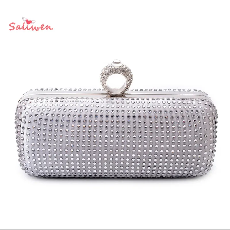 2015 Finger Ring Bridal Clutch Bag Glitter Sliver Satin Wedding