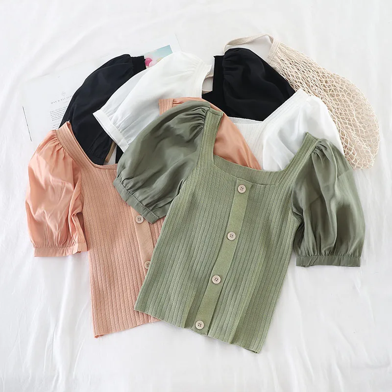 

Women Square Collar Lantern Puff Sleeve Basic Cardigan Button Knitted Shirt Vintage Short Elastic Slim High Waist Blouse Tops