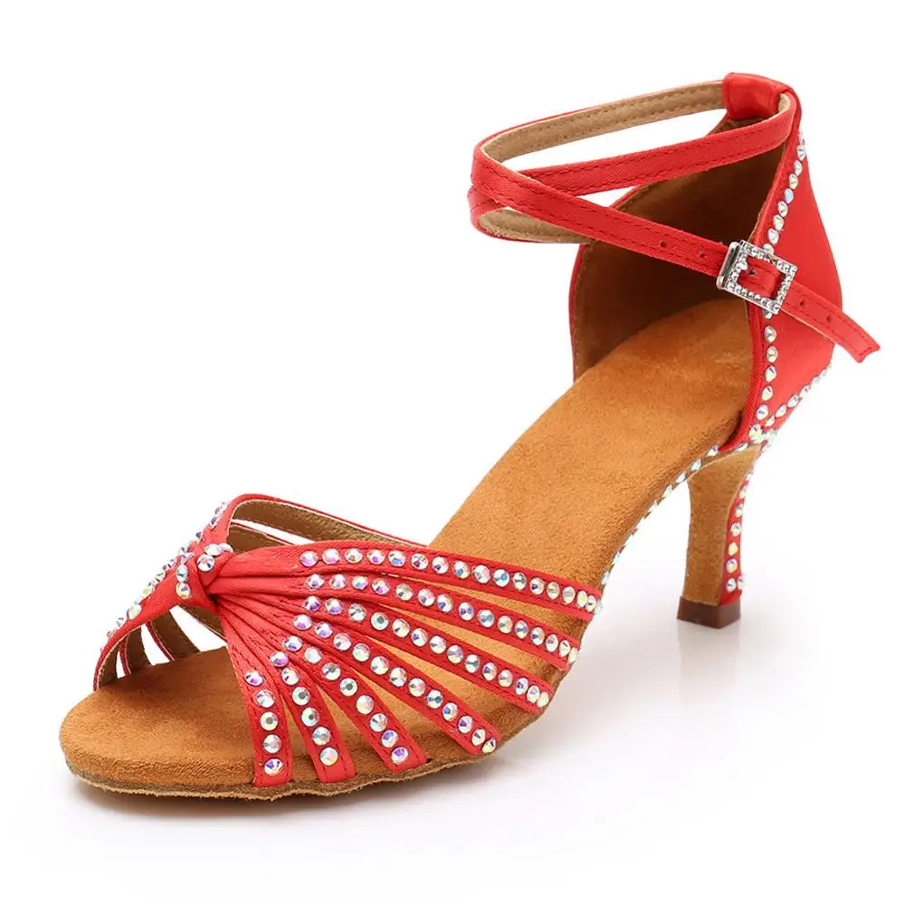Новые Стразы для женщин и девушек, женская обувь для латинских танцев, Бальные танго, сальса, обувь для танцев 7 см/5 см, высокий каблук, горячая распродажа - Цвет: Red  5cm