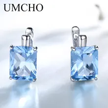 UMCHO Solid 925 Sterling Silver Earrings Luxury Rectangle Created Sky Blue Topaz Clip Earrings For Women Gift Fine Jewelry
