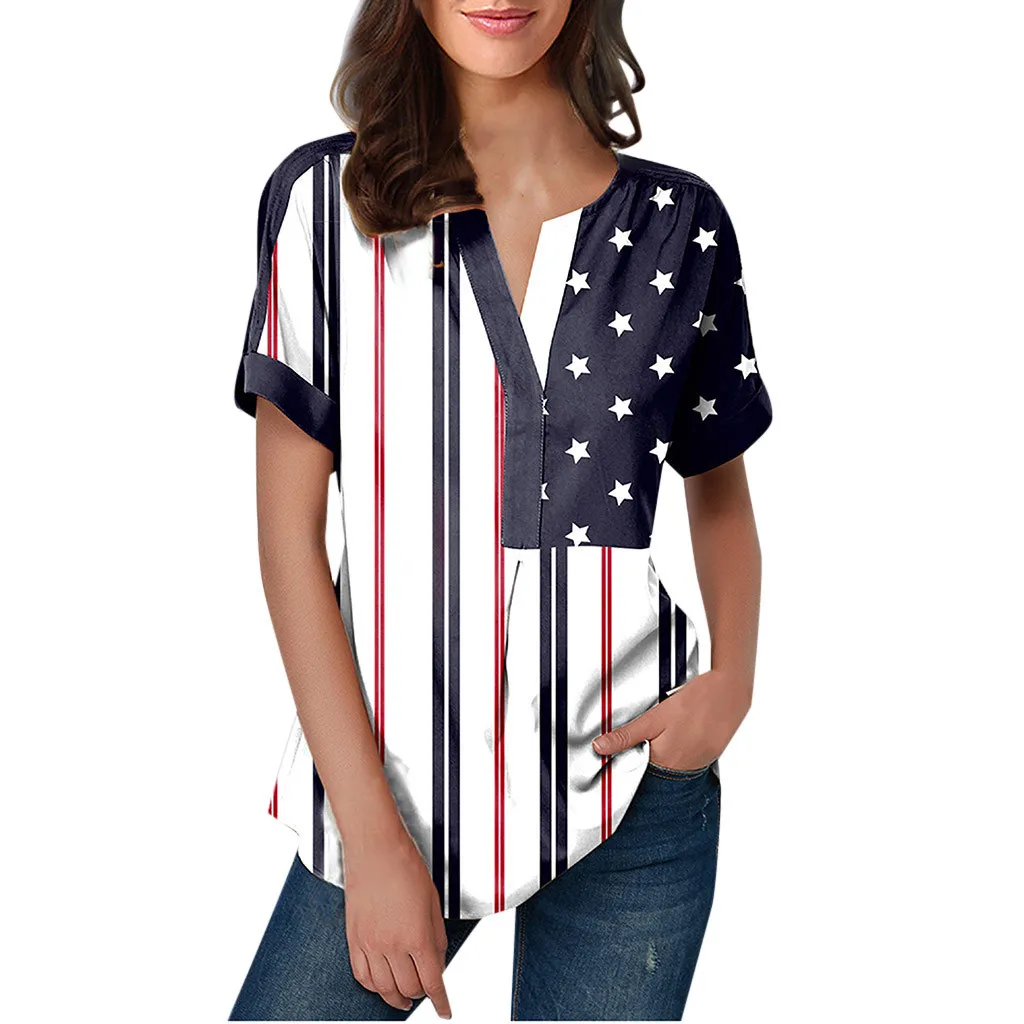 Women American Flag Printed Short Sleeve Button V Neck Blouse Summer