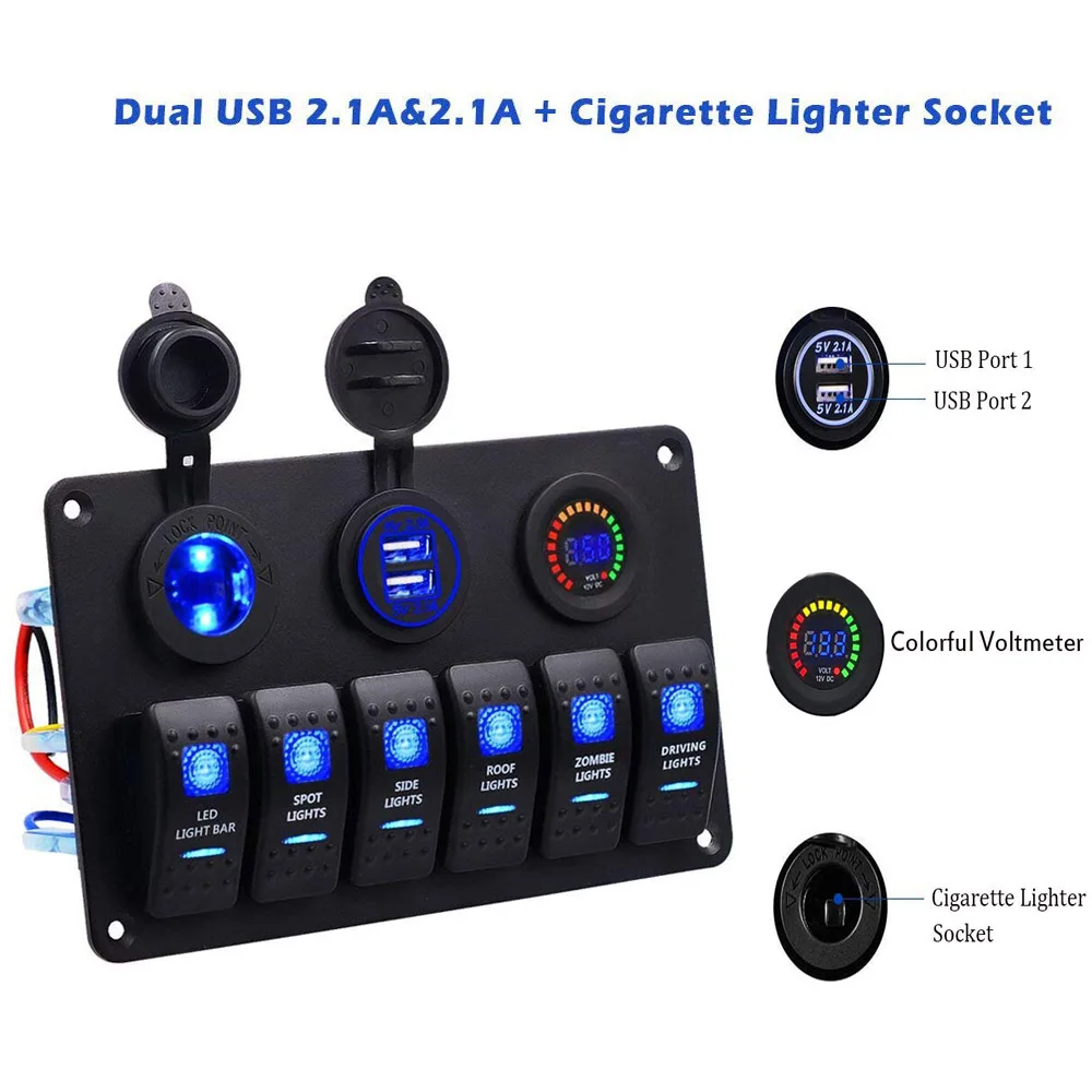 

6 Gang Car Switch Panel Dual USB Car Charger 2.1A Digital 12 V Voltmeter Auto Boat Marine Cigarette Lighter Rocker Switch Panel