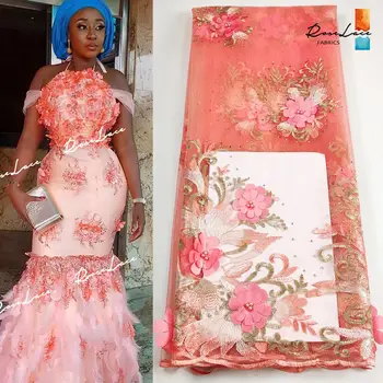 

3D Flower Applique Wedding Bride Net Lace Fabric Classical Embroidered Rhinestones Beads French Dresses Mesh Voile Lace Material