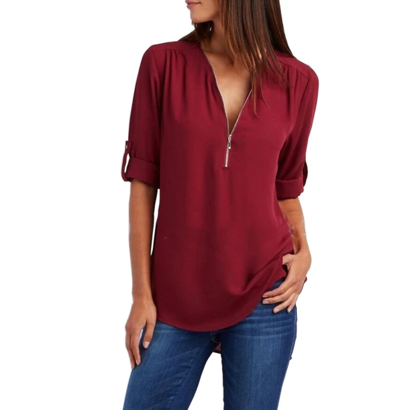 

Fashion Solid Zipper Shirt Loose Plus Size 5XL Long Sleeve Chiffon Blusas Tops 2019 New Women Sexy V Neck Casual Summer Blouse