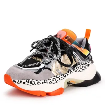 

Casual shoes woman 2019 new fashion retro sports shoes Thick bottom mesh face real leather Splicing color ladies single shoes