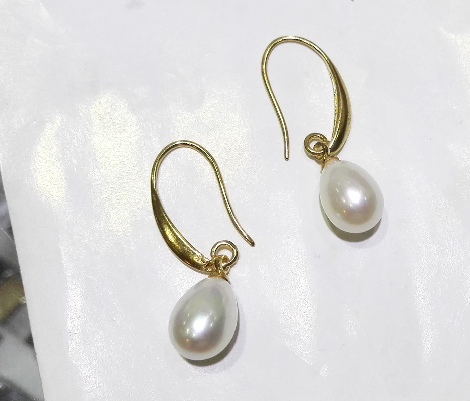 

Woman Jewelry Earring 8mm White Pearl Dangle Gold color Hook Earring Real Natural Freshwater pearl