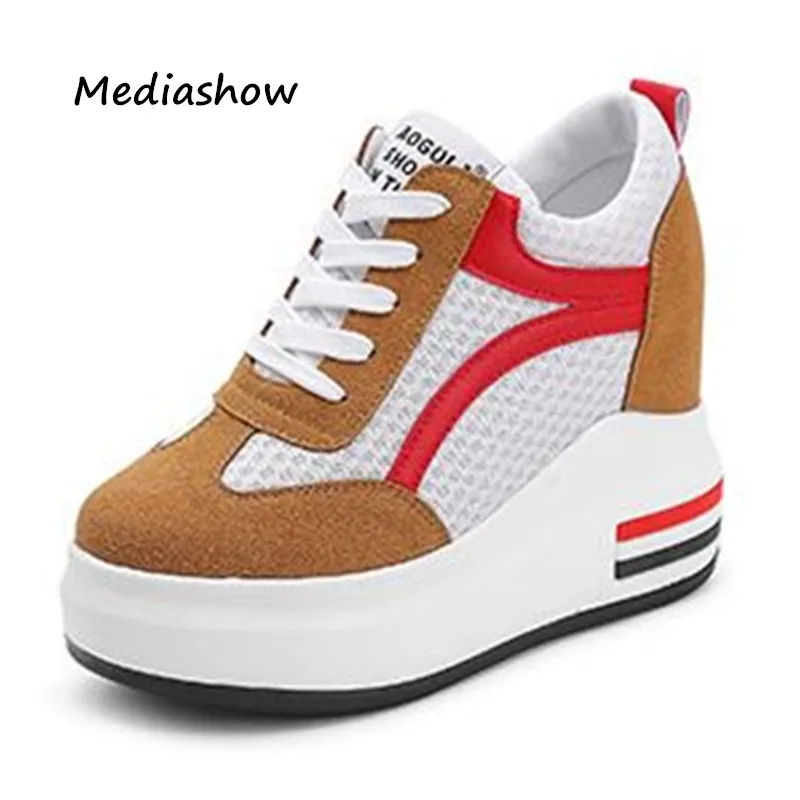 

2018 High Heel 10 cm Lady Casual White Sneakers Shoes Women Leisure Platform Wedges Height Increasing Shoes zapatillas mujer