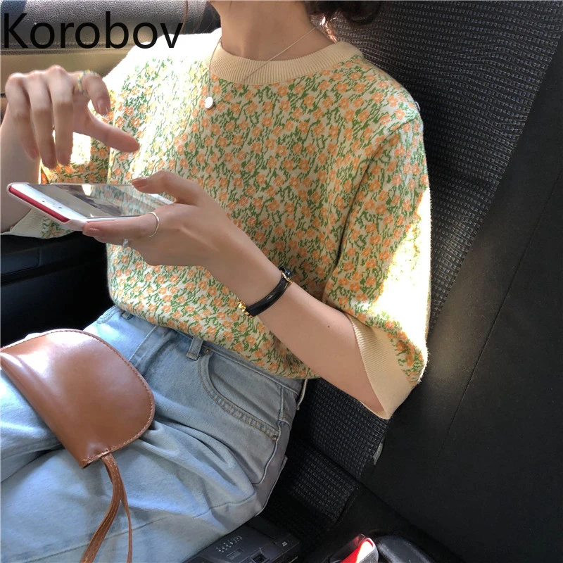 Korobov летняя Модная трикотажная футболка с круглым вырезом и коротким рукавом