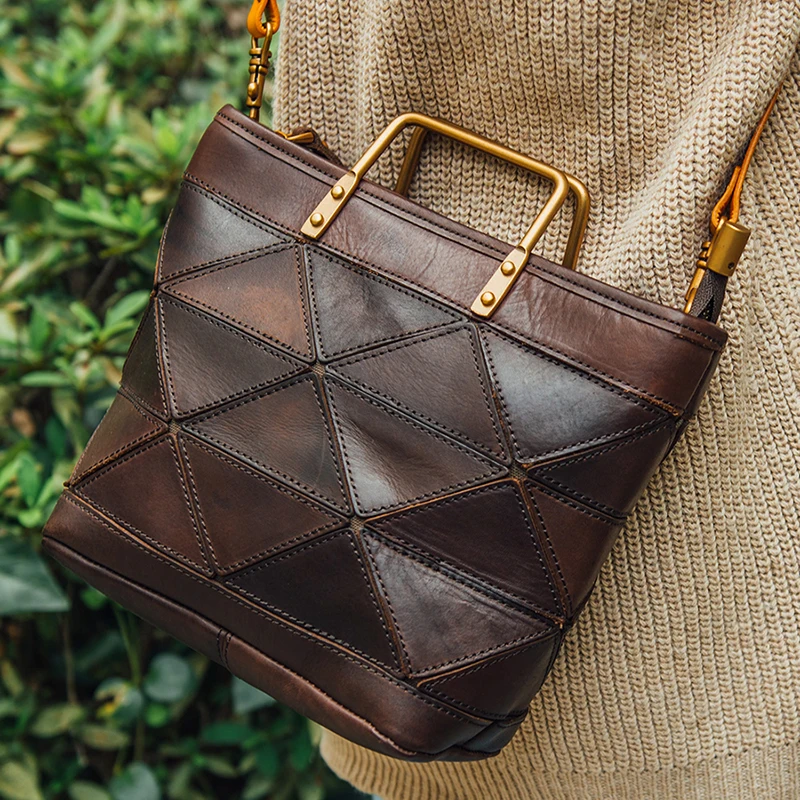 AETOO Lady Retro Literary handmade cowhide single shoulder oblique cross bag geometric stitching handbag leather dumpling bag