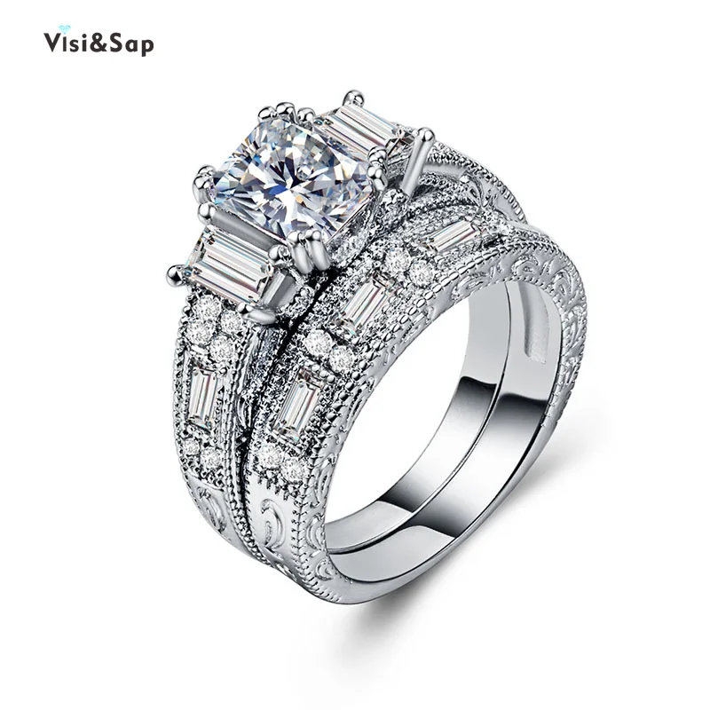 

Visisap Brilliant Bride Sets Ring Set White Gold Color Zircon Rings for Women Wedding Engagement Couple Fashion Jewelry CSB883
