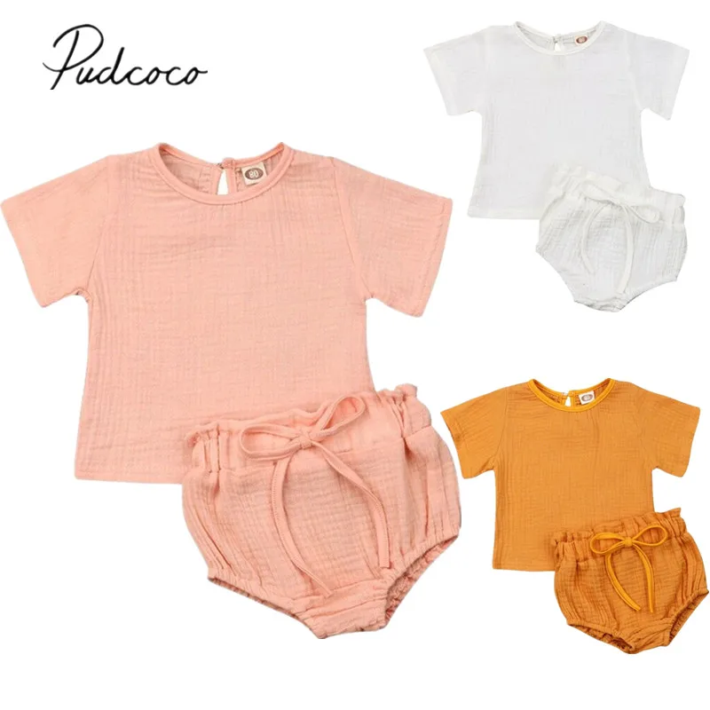 

2019 Baby Summer Clothing Newborn Toddler Kid Baby Girl Solid Clothes Sets Short Sleeve Top PP Shorts Cotton Linen Outfit 1-6Y