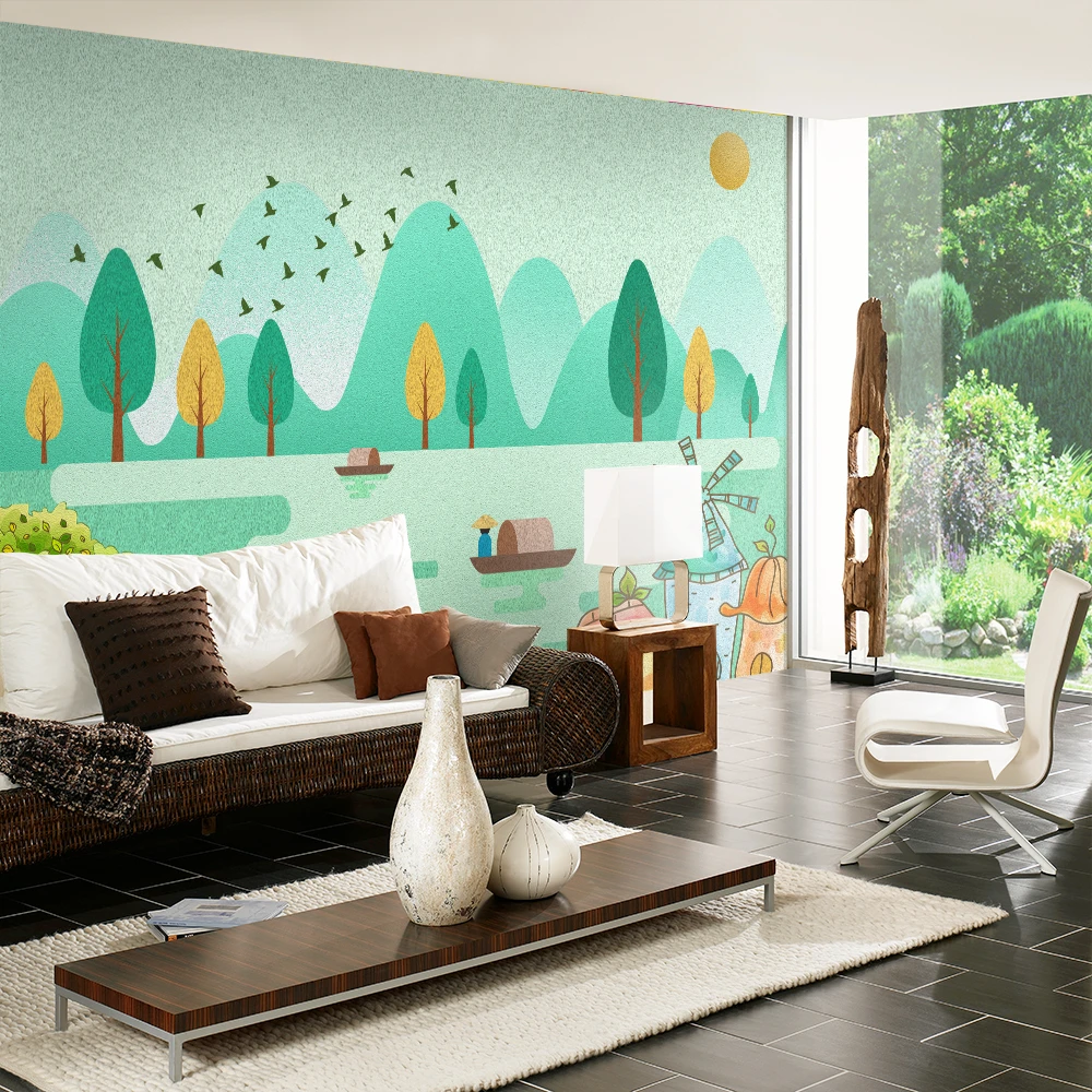 Custom 3d wallpaper modern cartoon forest bird creek castle fisherman TV background wall - silk waterproof material Custom 3d wallpaper modern cartoon forest bird creek castle fisherman TV background wall - silk waterproof material