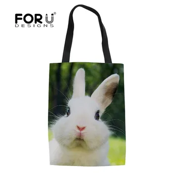 

FORUDESIGNS Rabbit Print Portable Eco Multi-function Pouch Female Travel Storage Handbag Canvas Folding Reusable Shopping Bag