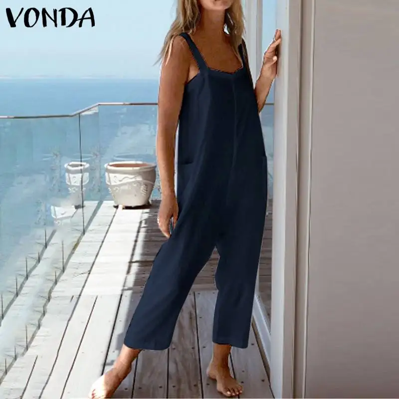 

2019 VONDA Women Jumpsuit Cotton Romper Casual Solid Plus Size Loose Overalls Straight Female Holiday Sleeveless Jumpsuits S-5XL