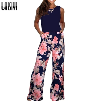 

LAISIYI Women Sleeveless Tank Jumpsutis Loose Spliced Wide Leg Jumpsuits With Pockets Printed Summer Rompers Femme ASJU20480