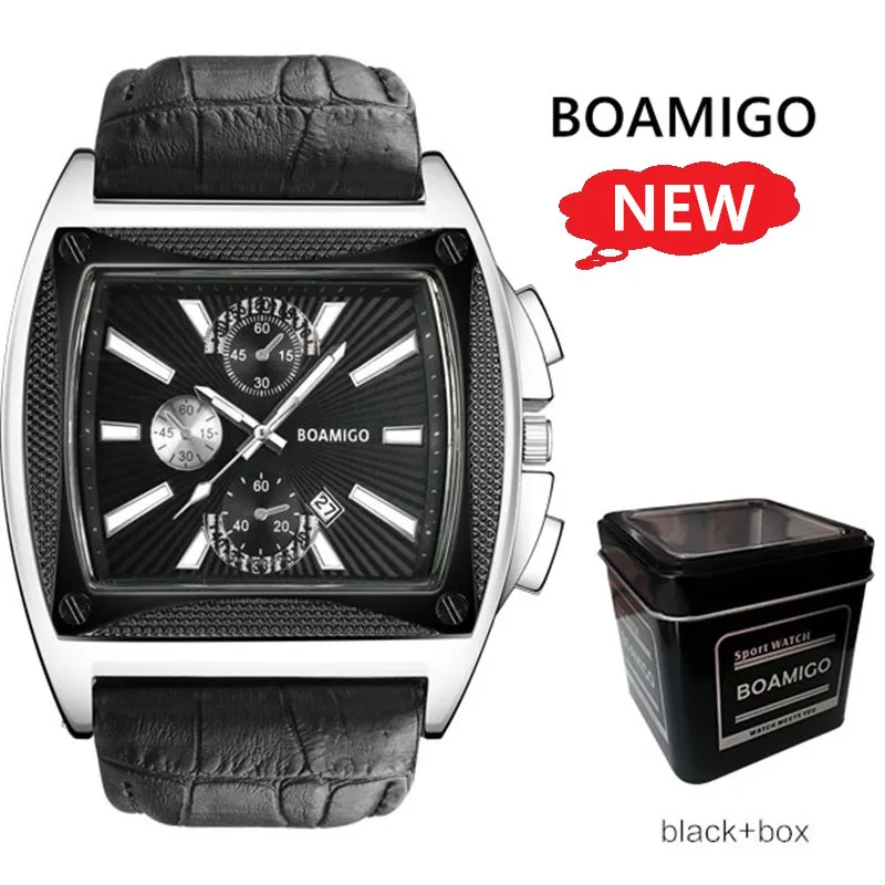 

Brand Watches Men Luxury BOAMIGO Square Quartz Wrist Watch Genuine Leather Strap Auto Date Waterproof Clock relogio masculino