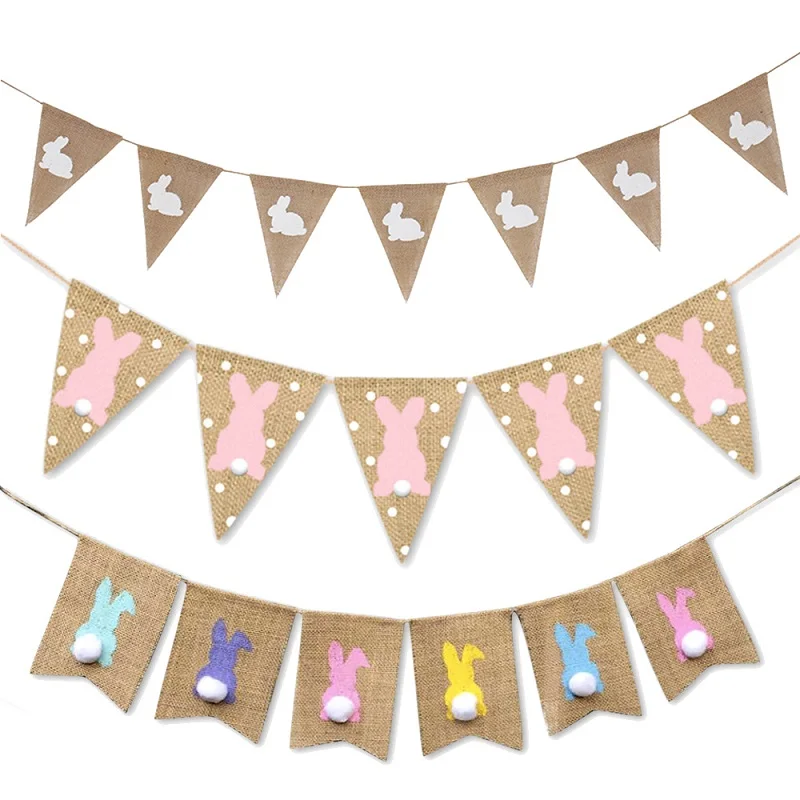 

1 Set Easter Supplies Retro Rabbit Bunny Pennant Burlap Hanging Bunting Banner Garland Easter Party Decoration