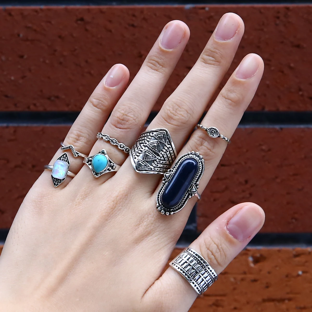 Bohemian Style 8pcs/Set Vintage Anti Silver Rings Retro Punk Midi Rings Set for Women Above Knuckle Finger Rings Fashion Jewelry
