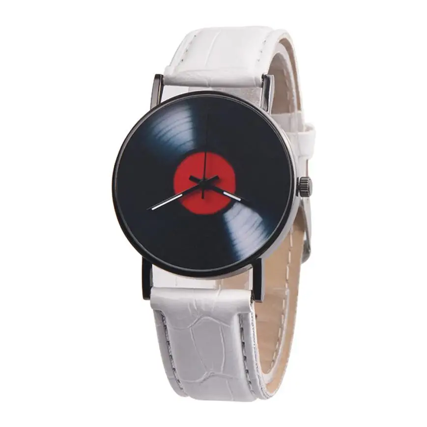 Модные мужские часы унисекс с кожаным ремешком виниловые пластинки дизайн аналоговые кварцевые часы из сплава военные наручные часы Relogio Masculino - Цвет: White