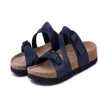 

2019 New Male Fashion Cork Slipper Sandals Summer Men Patchwork Beach Slides Double Buckle Flip Flops Shoe brown black
