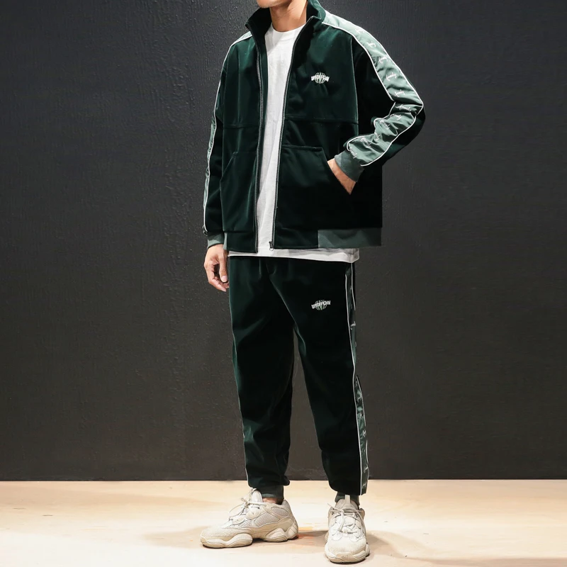 

Men 2PCS Sets (jacket+pant) Vintage Fashion Streetwear Hip Hop Casual Joggers Sweatpants Tracksuit Male Sportswear Sweatsuit