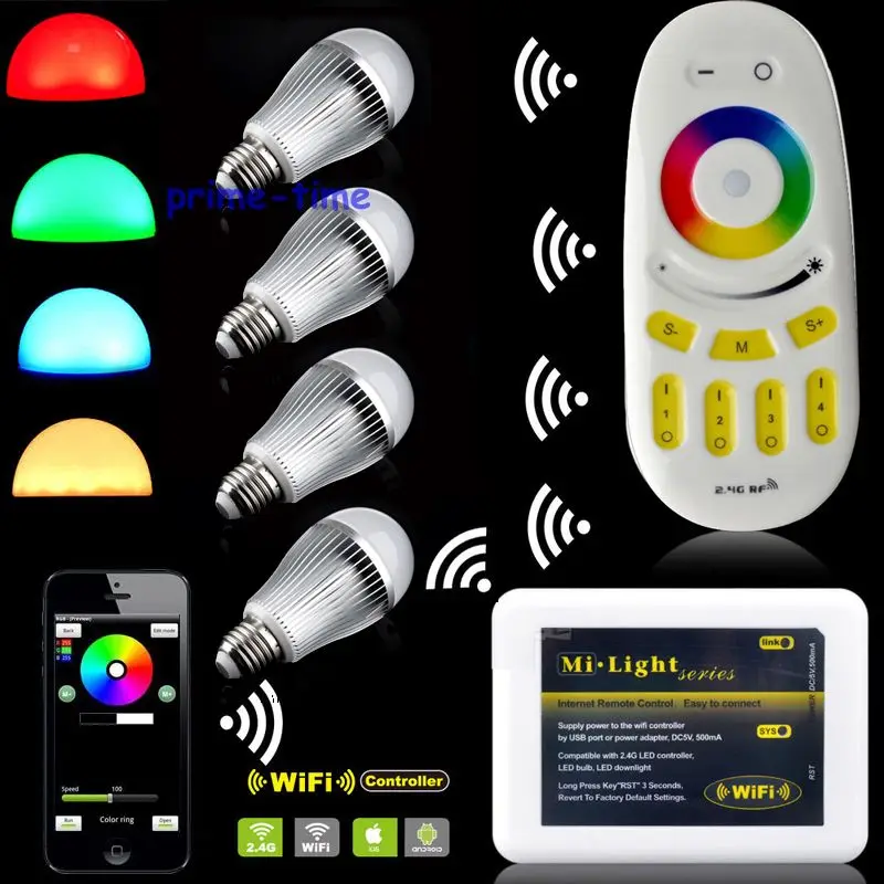 

4PCS Milight 2.4G E27 9W RGBW RGB+Warm White Full Color Dimmable WiFi LED Bulb FUT016 + 4-Zone RF Remote + Wifi Controller