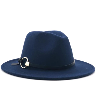 Шерстяная фетровая шляпа Hawkins фетровая Кепка с широкими полями дамская шляпа Trilby Chapeu Feminino шляпа для женщин и мужчин джазовая церковная Крестный отец шляпы сомбреро - Цвет: Navy