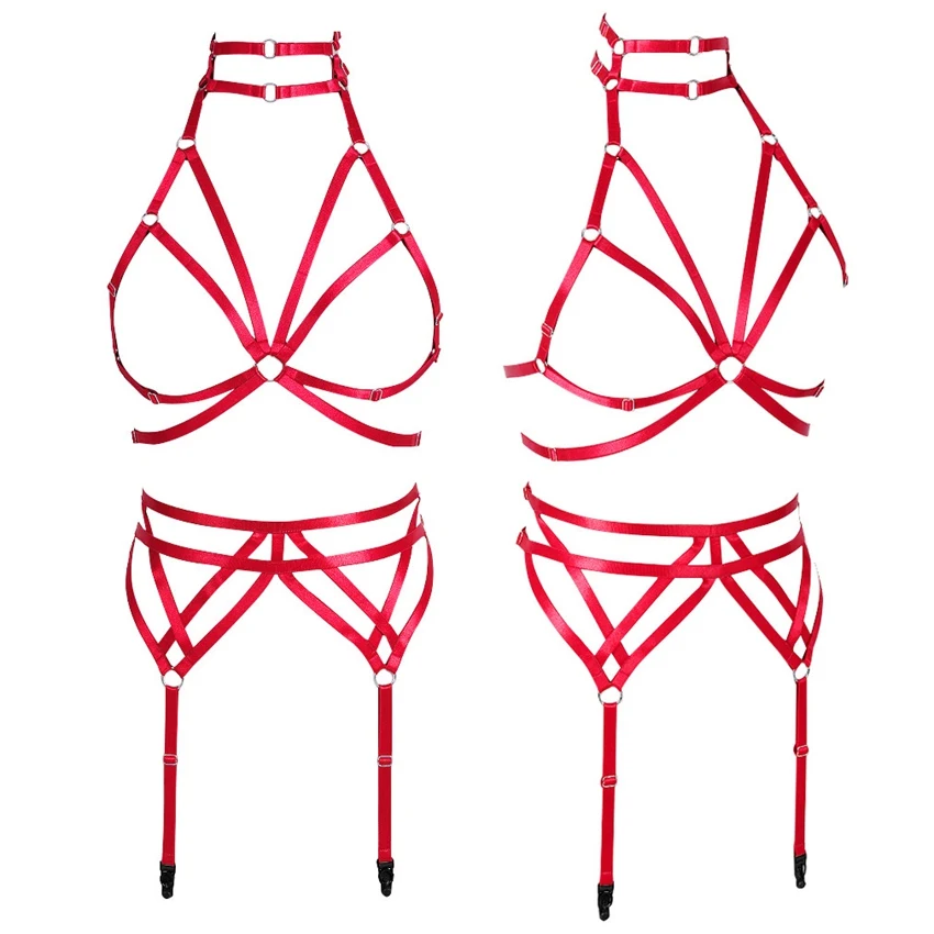 

Women Body Harness Set Red Strappy Bra Full Body Frame Sexy Stockings Suspender Punk Gothic Plus Size Dance Festival Rave Wear