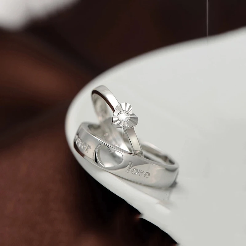 Модное циркониевое кольцо для пары, обручальное кольцо с сердцем, романтическая любовь, регулируемое кольцо для женщин и мужчин, Серебряное ювелирное изделие с покрытием