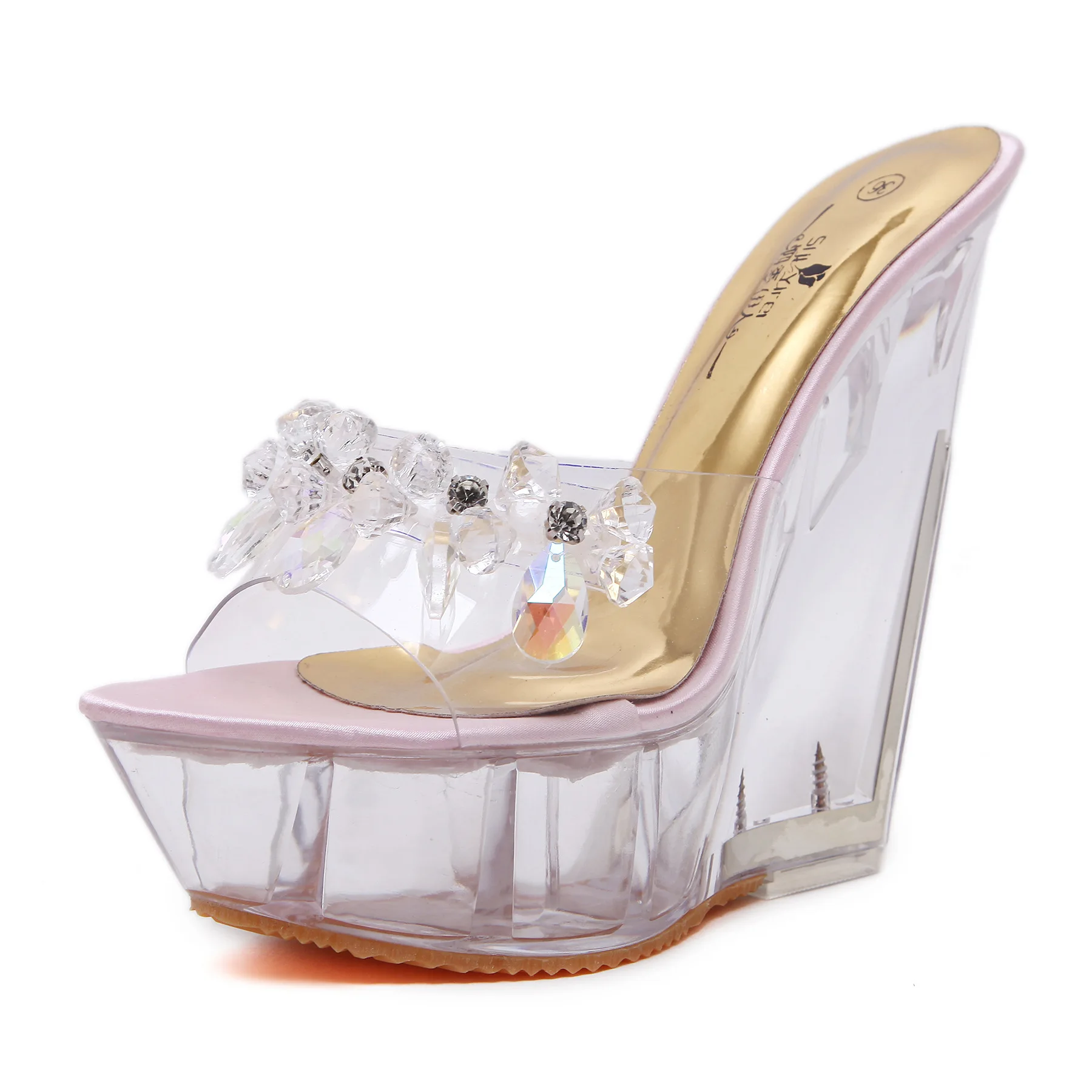 Женские летние прозрачные босоножки на танкетке со стеклянными бусинами женские свадебные вечерние туфли на высоком каблуке 14 см женские сандалии - Цвет: pink