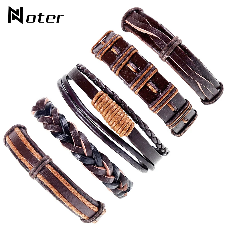

Punk 5pcs/set Warp Mens Bracelet Brown Leather Braided Rope Brazalete For Hombre Handmade Men Hand Jewelry Erkek Aksesuar Gift